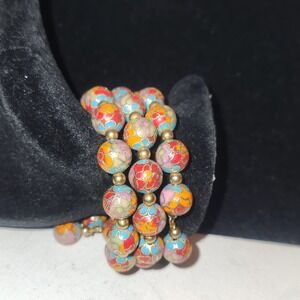 Vintage Cloisonne Enamel Floral Bead Wrap Bracelet Gold Tone Multi Strand Coil